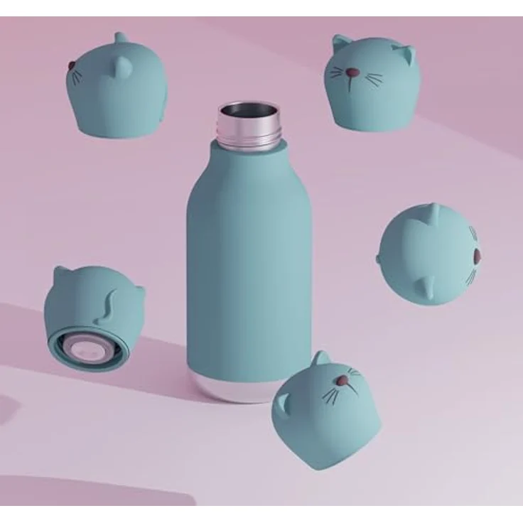 ASOBU Bestie Isolierte Edelstahl-Trinkflasche mit abnehmbarem Tierkopf (Katze), 16 Unzen, wiederverwendbarer Silikon-Strohhalm, auslaufsicher – Bild 5