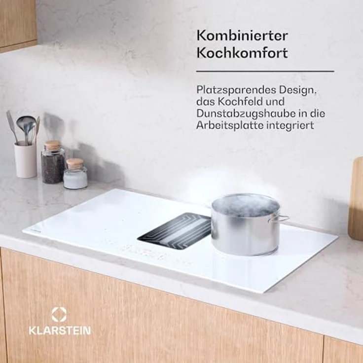 Klarstein AirJet FlexPro Induktionskochfeld mit Dunstabzug, A++ Effizienz, 750 m³/h Luftstrom, 14 kW Leistung, 4 Flexzonen, Leise 58 dB, Touch-Steuerung, Weiß – Bild 2