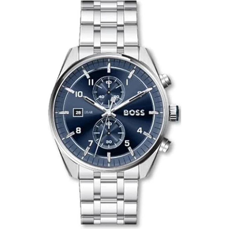 BOSS SKYTRAVELLER LE Chronographen-Quarzuhr mit Kalender, 44mm Edelstahlgehäuse, blauer Sunray Zifferblatt, silbernes Edelstahlarmband, 5 ATM wasserdicht - 1514216 – Bild 1