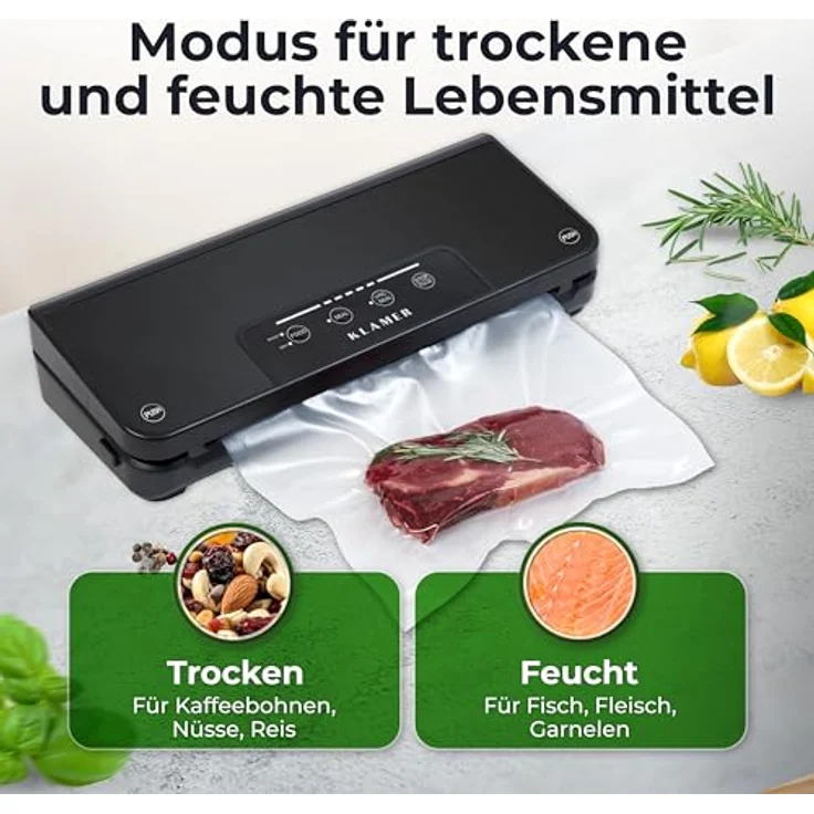 KLAMER Vakuumierer Classic Pro 80 - Vakuumierer für trockene oder feuchte Lebensmittel, 110W, Temp.-Überwachung, Cutter, Rollenfach, 0,8 bar starke Pumpe – Bild 3