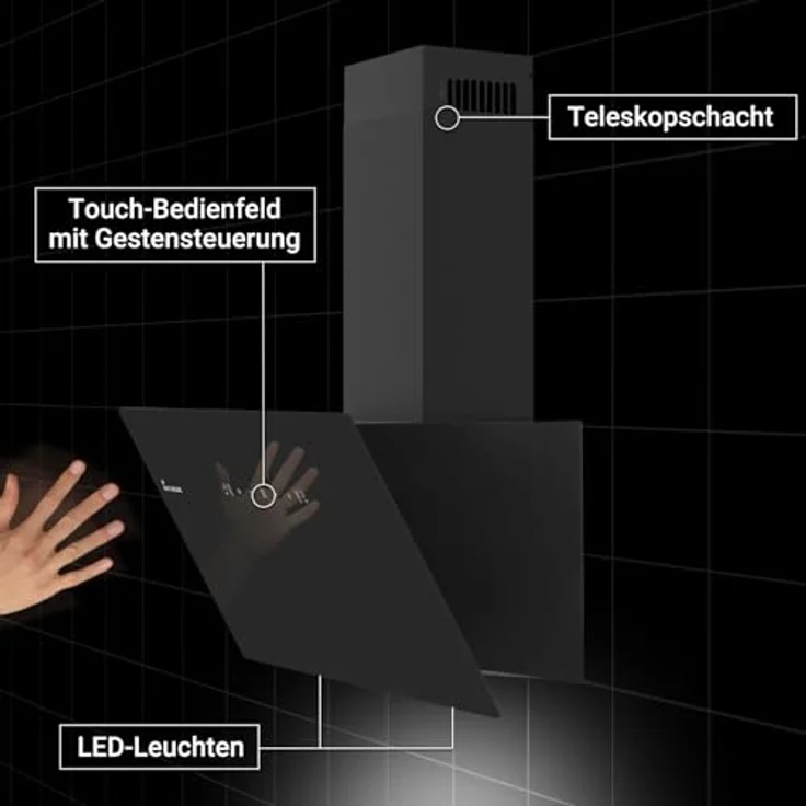 KKT KOLBE Dunstabzugshaube 80cm Abluft Umluft | Wandhauben Kopffrei | Schwarz | Glas | SensorTouch | Nachlaufautomatik | LED Licht | TRIO8015B - Preisvergleich – Bild 4