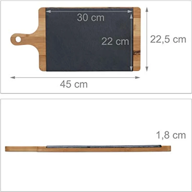 Relaxdays Servierbrett, Bambus, Schiefer Platte, Schneidebrett, Griff, rustikal, H x B x T: 1,8 x 45 x 22,5 cm, grau – Bild 3
