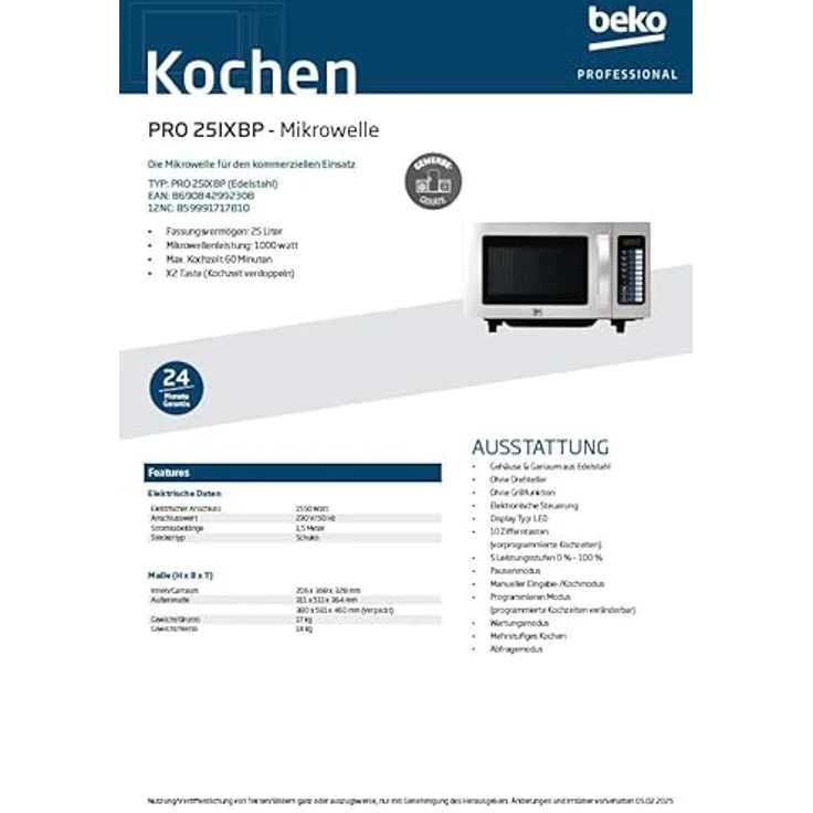 Beko PRO 25IX BP, Mikrowelle mit Edelstahl-Innenraum und LED-Display, Silber – Bild 6