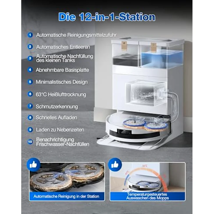 ECOVACS DEEBOT T50 MAX PRO Omni Saugroboter, 18.500Pa, ZeroTangle 2.0, Heißwasser-Reinigung, Weiß – Bild 5