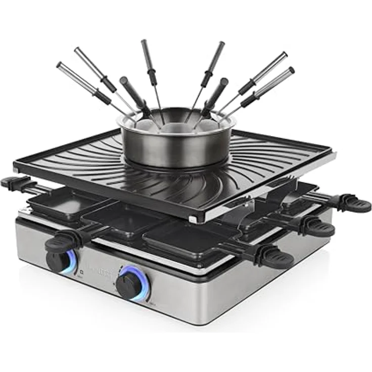 Princess Raclette und Fondue 5-in-1, 8 Personen, 1800 W, 1,3 L Fonduetopf, doppelte Thermostate, PFAS-frei, abnehmbare Teile, 31×31 cm Grillplatte, Modell 162670 – Bild 2