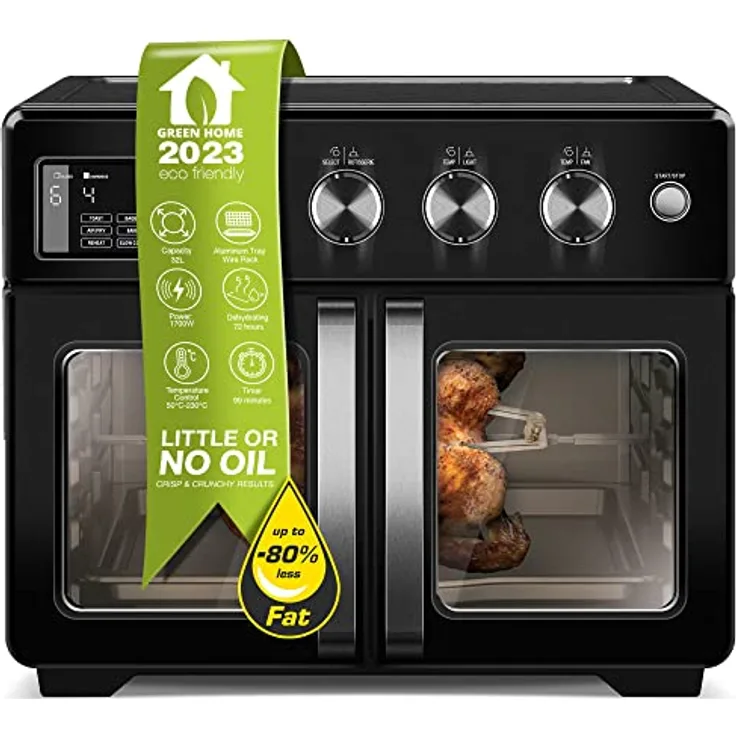 TurboTronic Mini Backofen - 4in1 Heißluftofen und Heißluftfritteuse XXL Version 32L inkl. Drehspieß & viel Zubehör Backblech, Dörrgerät ab 25°C & Grill, Airfryer (schwarz)