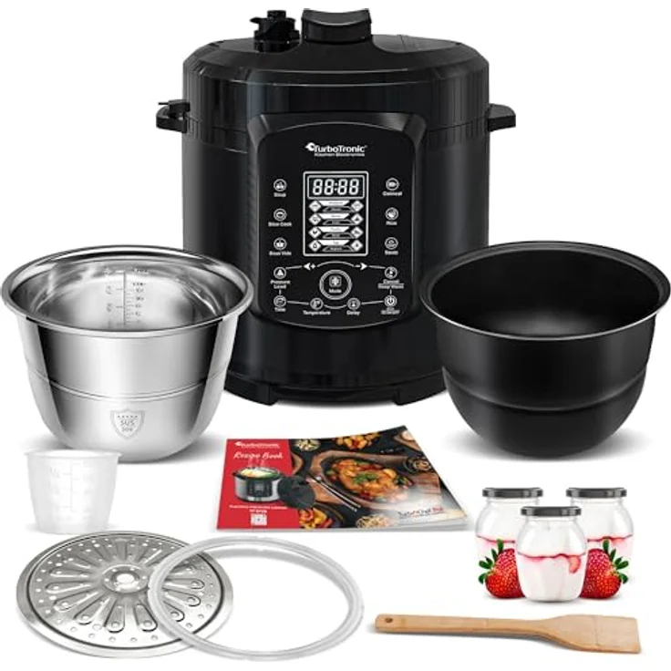 TurboTronic by Z-Line Multikocher TurboChef Pot, 1000 W, 6 l, Dampf- und Schongarer, Schwarz, mit Edelstahl- und Antihafttopf – Bild 6
