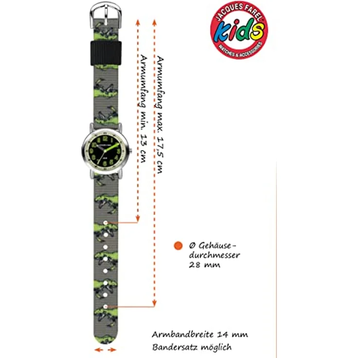  JACQUES FAREL Kinder-Armbanduhr Lernuhr Jungen Analog Quarz mit Stoffband Textilband Dinosaurier T-Rex Grau Schwarz Grün IPS 28mm KPS 605 – Bild 4