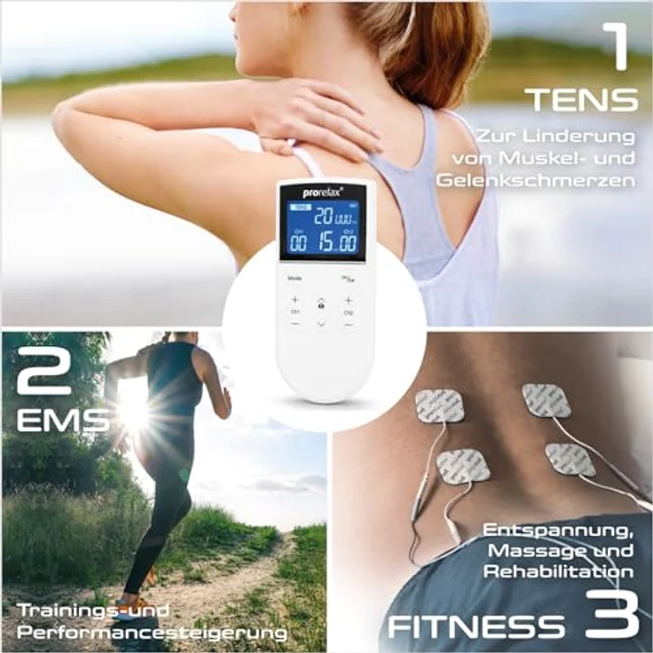 prorelax TENS/EMS Trio+ | Akkubetriebenes Elektrostimulationsgerät | 3 Therapien - TENS, EMS, FITNESS | Zur Entspannung, zum Muskelaufbau, zur Schmerzlinderung | 50 Programme | 16 Intensitätsstufen – Bild 3
