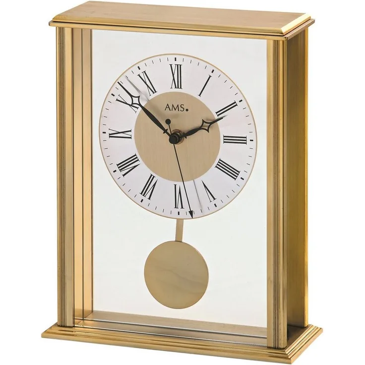 AMS Funktischuhr Pendeluhr eckige Form 5190 5191, goldenes Gehäuse aus Glas und Metall, batteriebetrieben