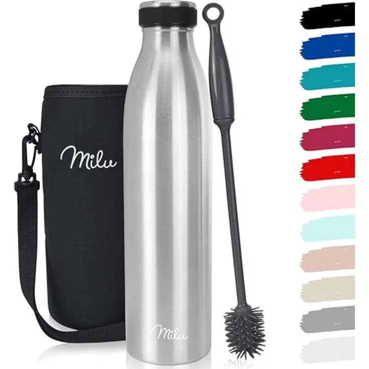 Milu Edelstahl Trinkflasche 750ml, doppelwandige isolierte Wasserflasche, auslaufsicher, kohlensäuregeeignet, inkl. Reinigungsbürste – Bild 1