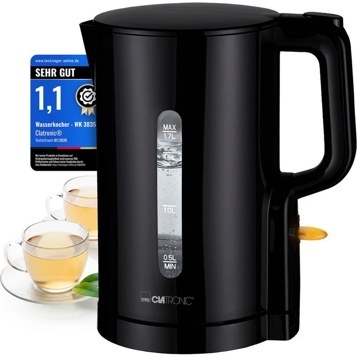 CLATRONIC WK 3835 Wasserkocher, 1,7L, 2200W, Edelstahlheizelement, Einhandbedienung, Sicherheitsklappdeckel, kalkfilter und Trockengehschutz