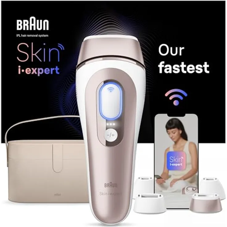 Braun Smart IPL Skin i·expert, Haarentfernung für zu Hause, Gratis App, Aufbewahrungstasche, Venus Rasierer, 4 Aufsätze, PL7387