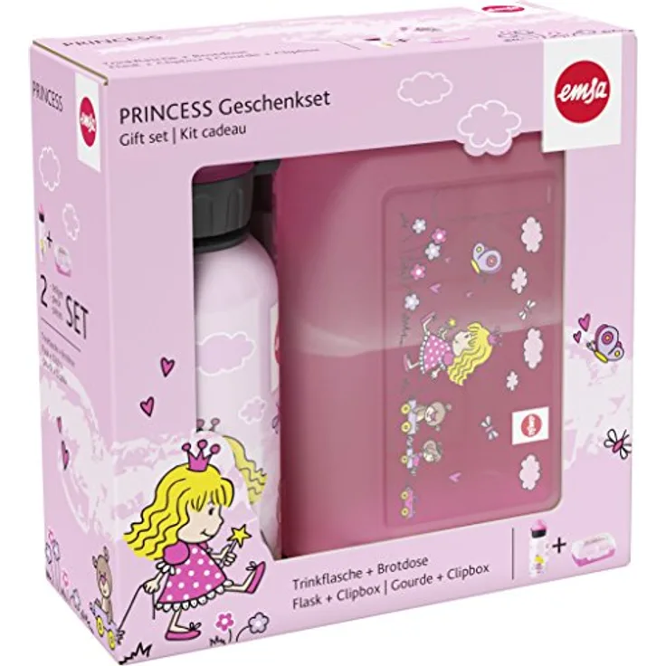 Emsa 516165 2-teiliges Geschenkset für Kinder, Brotdose und Trinkflasche, Kids Set Princess, rosa