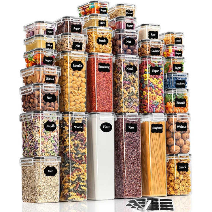 GoMaihe 32er Vorratsdosen Set, luftdichte Aufbewahrungsbox aus BPA-freiem Kunststoff, transparente Behälter für Müsli, Mehl und Spaghetti