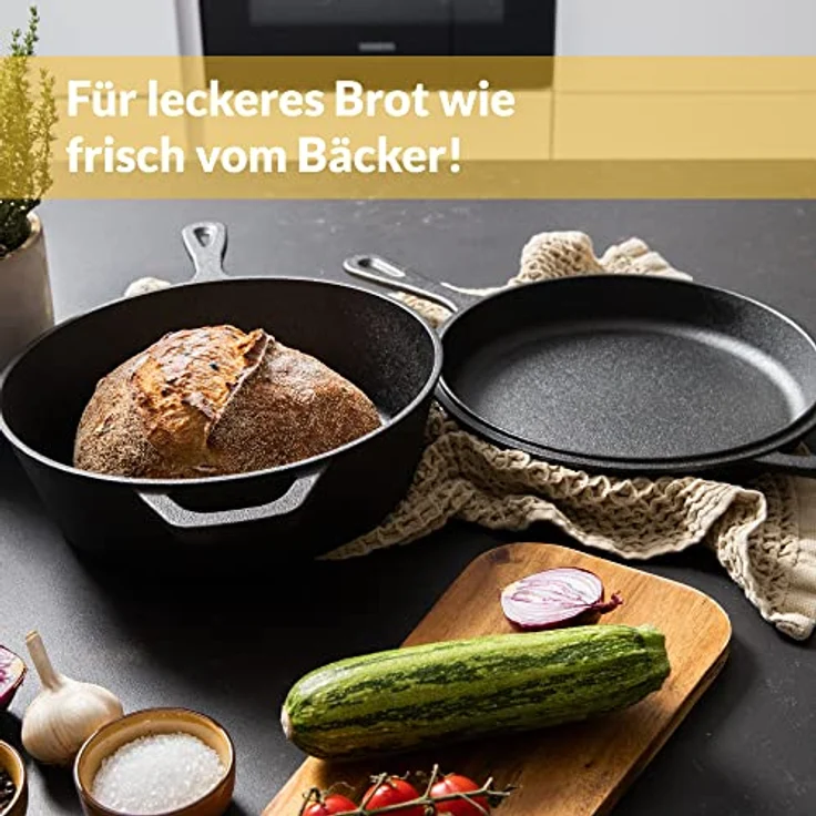Chefarone® Gusseisen Topf mit Griff 2IN1 - Brotbackform mit Deckel 3L - Bräter mit Deckel Backofengeeignet - Gusseisen Topf Brot Backen zu Hause - Brottopf zum Backen - Cast Iron Pan – Bild 2