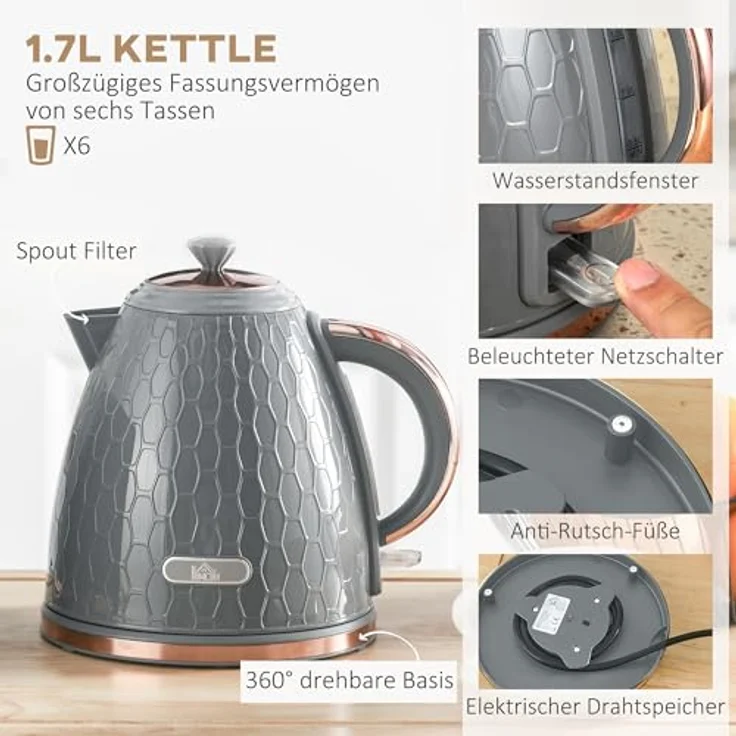 HOMCOM Toaster Kocher-Set, 4 Schlitze für 4 Scheiben, 2200 W, automatische Abschaltung, Auftau- & Aufwärmfunktion, Beige – Bild 3