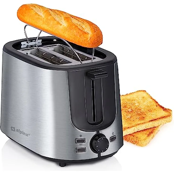 alpina Toaster - 7 Bräunungsstufen - Auftaufunktion - Anti-Rutsch-Füße - Zwei Brotschlitze und Toastereinsatz - Farbe Silber