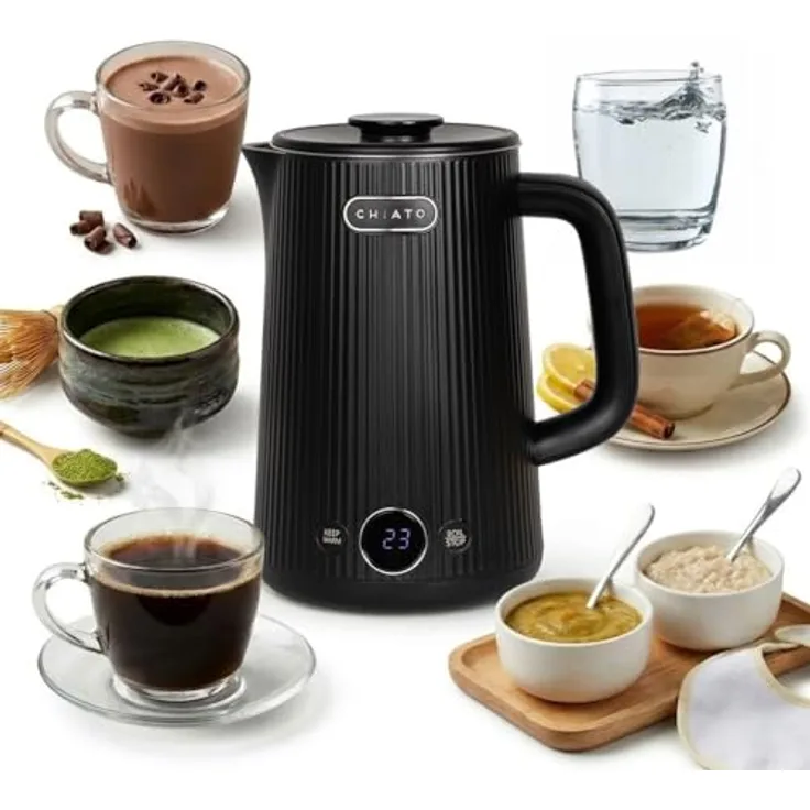 CHiATO heatPLAY Groove, Wasserkocher mit 1,7 Litern Fassungsvermögen und smartem Temperaturdisplay, Edelstahl mit matte Oberfläche
