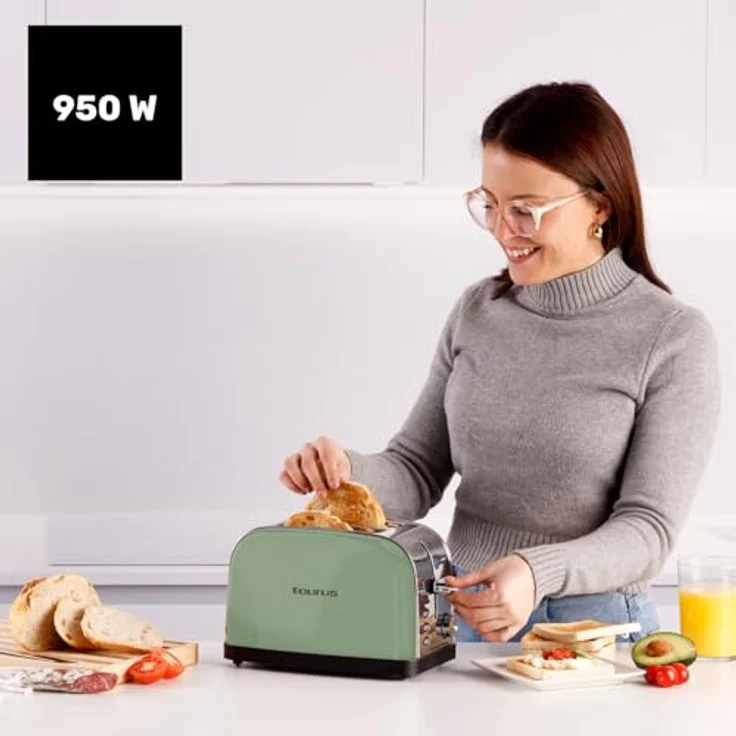Taurus Toaster Vintage II Olive, 950W, 2 kurze Schlitze, 7 Bräunungsstufen, Edelstahlgehäuse, 3 Funktionen, Kabelaufwicklung, Olivgrün – Bild 2