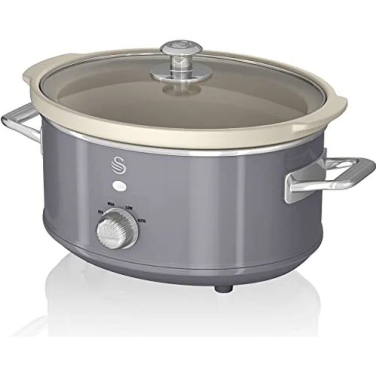 Swan Retro SF17021GRNEU Slow Cooker 3,5L Abnehmbarer Kochbehälter, PFOA- und PTFE-freier Keramischer Antihaft-Behälter, 3 Temperaturstufen, Glasdeckel, Vintage-Design, Grau, 200W – Bild 1