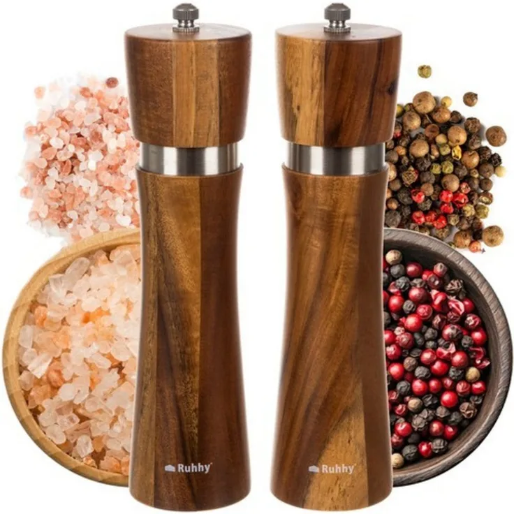 Ruhhy Gewürzmühle Set, manuelle Salz- und Pfeffermühle aus Akazienholz mit Keramikmahlwerk, 60 ml, braun