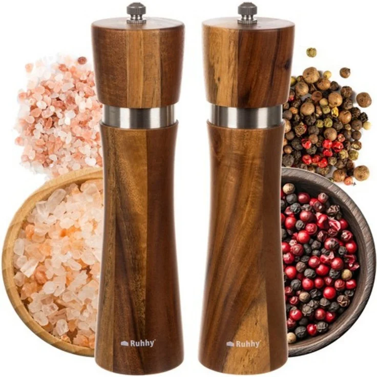 Ruhhy Gewürzmühle Set, manuelle Salz- und Pfeffermühle aus Akazienholz mit Keramikmahlwerk, 60 ml, braun