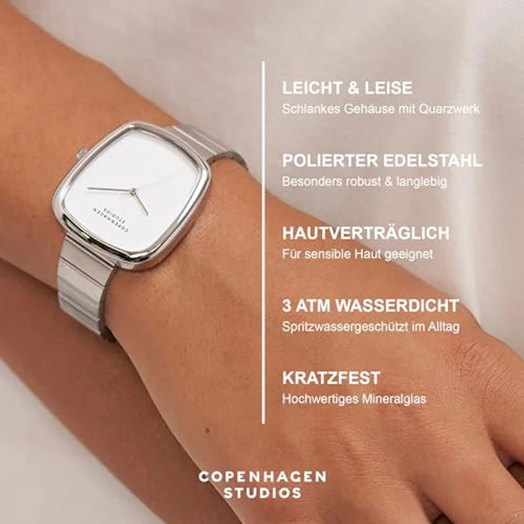 Copenhagen Studios Curved Watch Silber, 34 mm - Elegante Damenuhr aus poliertem Edelstahl mit Quarzwerk, 3 ATM wasserdicht, kratzfest – Bild 3