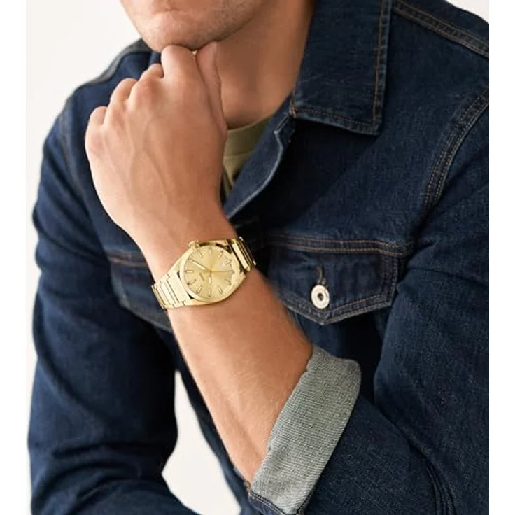 Fossil Everett, Quarz-Armbanduhr für Herren, goldfarbenes Edelstahlgehäuse, 42mm, Wasserdicht bis 50m, mit Edelstahl- oder Lederarmband – Bild 2