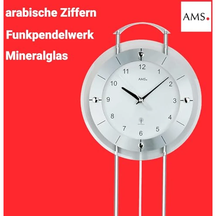 AMS. Pendelwanduhr 5254, Funk, mit silberlackierten Metallstäben, Aluminiumfrontreif und Mineralglas, arabische Ziffern – Bild 5