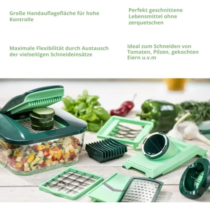 Genius Nicer Dicer Chef Deluxe XXL 37-teilig mit Glasschüssel-Set, Tomaten-Gemüse-Schneider & 3in1 Siebschüssel - Zerkleinerer Zwiebelschneider Pommesschneider, Grün – Bild 3