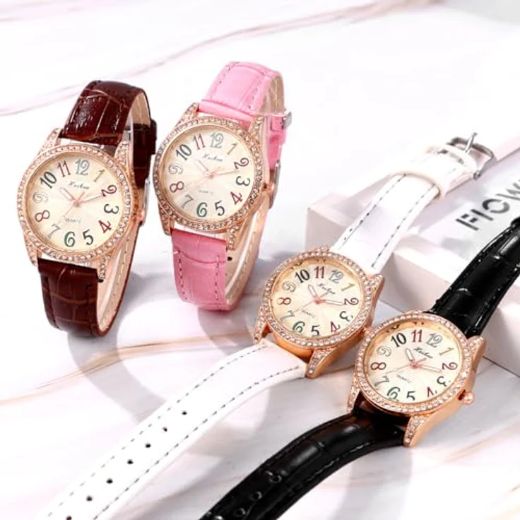 JewelryWe Uhren Damen Leder Diamant, 4pcs Glitzer Strass Analog Quarz Armbanduhr mit Regenbogen Zifferblatt und großen Arabischen Zahlen, 10m Wasserdicht – Bild 2