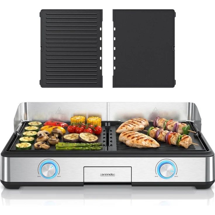 Arendo Tischgrill Gourmet Edelstahl, Elektrogrill mit 2 Grillzonen, 2800 W, Antihaftbeschichtung, Temperaturregelung, für Balkon & Indoor
