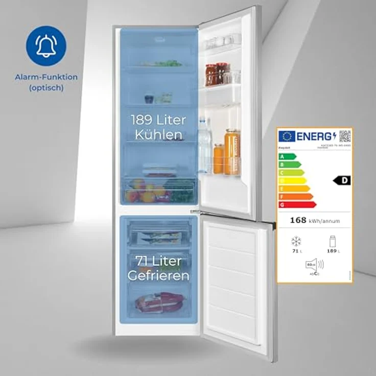 Exquisit Kühl-Gefrierkombination KGC5265-70-WS-040D inoxlook | Nutzinhalt: 260 L | Wasserspender | Alarm | 4-Sterne-Gefrieren – Bild 2
