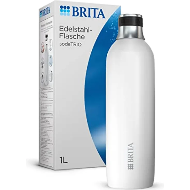 BRITA Edelstahlflasche weiß für sodaTRIO Wassersprudler [1l] – isolierte & doppelwandige Premium Edelstahl Flasche mit stylischem Silikonring am Verschluss für rutschfestes Handling