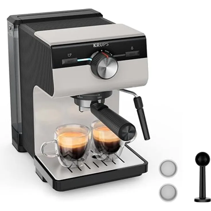 Krups XP381B Authentic Espressomaschine Siebträger, Kaffeemaschine in Fair Grey, 15 bar Pumpendruck, Milch-Aufschäumdüse, 2 L Wassertank