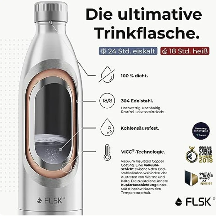 FLSK Das Original New Edition Edelstahl Trinkflasche – Kohlensäure geeignet 18 Stunden heiß, 24 Stunden kalt, 0,5l, silber – Bild 3