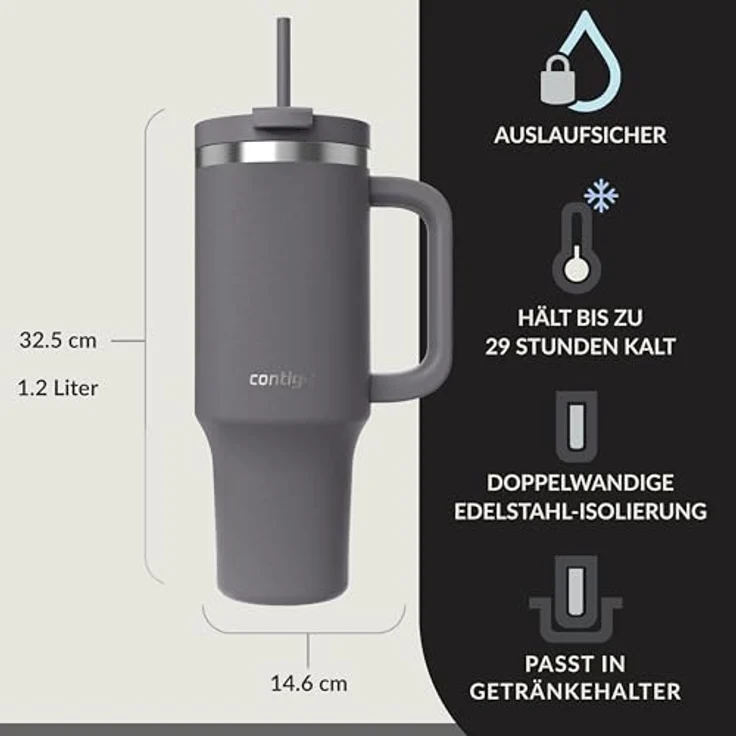 Contigo Streeterville Thermosflasche 1200 ml, isolierte Edelstahl-Trinkflasche mit Henkel und Strohhalm, Kühlt bis zu 29 Stunden, BPA-frei, spülmaschinenfest – Bild 2