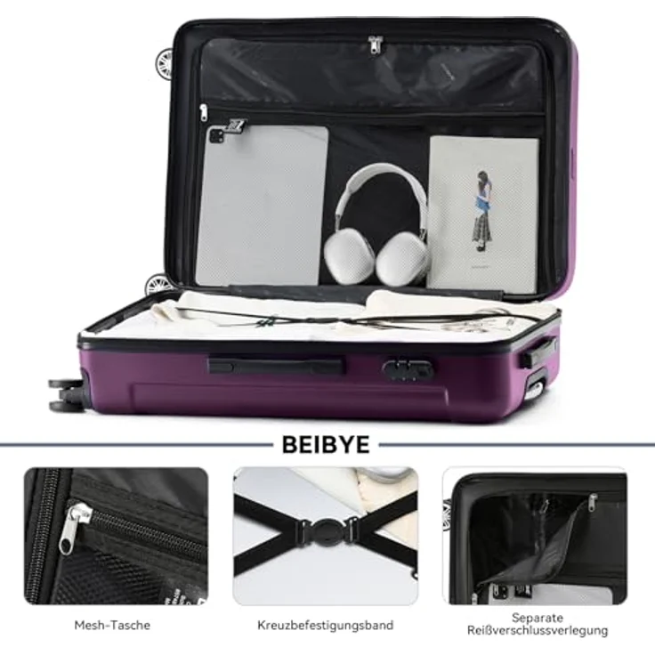 BEIBYE 2045 Zwillingsrollen Reisekoffer Kofferset, 3-teilig, Hartschale, 360°-Leichtlauf-System, inklusive Laptop-Bereich, Violett – Bild 5