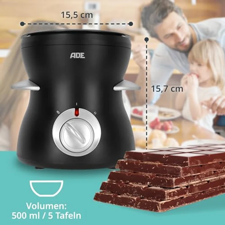 ADE elektrisches Schokofondue 500 ml mit 8 Spießen, Temperiergerät mit 2 Temperaturstufen, teflonbeschichtete herausnehmbare Schüssel, ideal für Schokobrunnen – Bild 3