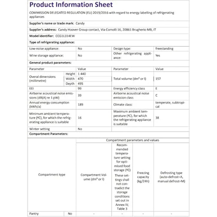 Candy CCG1L314EW Kühl-/Gefrierkombination, 157 l, mit Super-Freezing-Funktion und LED-Innenbeleuchtung, weiß – Bild 9