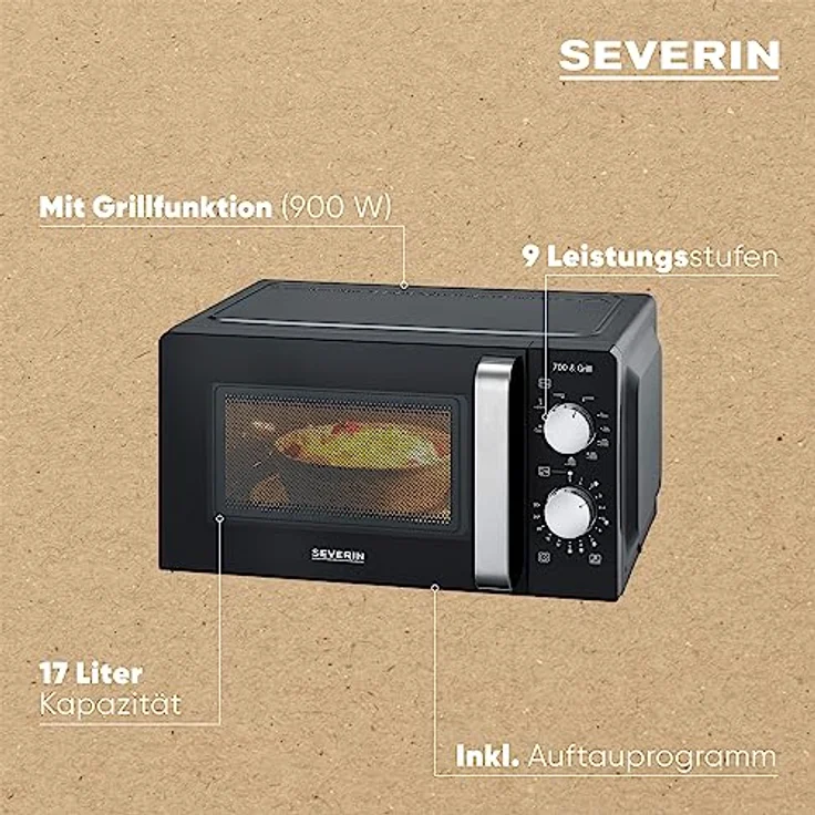 SEVERIN 2-in-1 Mikrowelle mit Grill 700 W, 900 W Grill, Grillofen mit 9 Automatikprogrammen, Mikrowelle mit Grillrost und Drehteller, schwarz / Edelstahl, MW 7781 – Bild 4