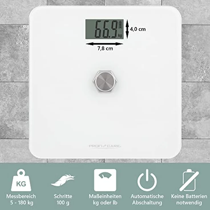 ProfiCare® Personenwaage ohne Batterie, Waage mit Messbereich von 5g – 180 kg und großem LCD-Display, Personenwaage digital mit kinetischer Energie und Glasoberfläche – PC-PW 3112 weiß – Bild 4