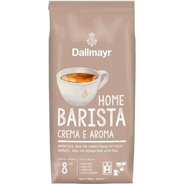 Dallmayr Home Barista Crema e Aroma B RA, kräftige Kaffeebohnen, 1000 g, Rainforest-Alliance-zertifiziert, ideale Milchzubereitung