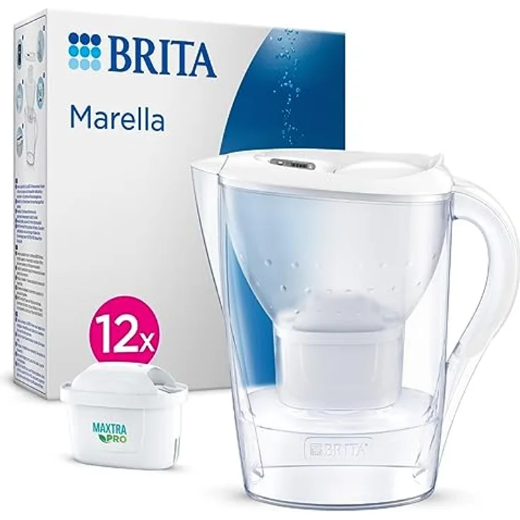 BRITA Wasserfilter-Kanne Marella weiß (2,4l) inkl. 12x MAXTRA PRO All-in-1 Kartusche (Jahresvorrat) – Filter zur Reduzierung von Kalk, Chlor, Blei, Kupfer & geschmacksstörenden Stoffen im Wasser