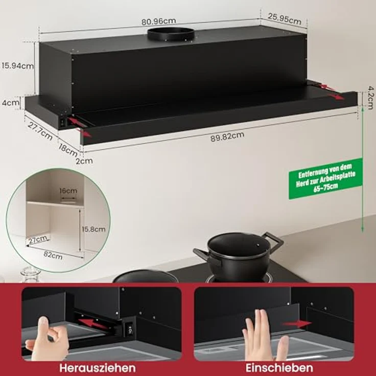 LEVIVO A+++ Flachschirmhaube 90 cm, Einbau Dunstabzugshaube mit 400 m³/h, Umluft & Abluft, 2 Aktivkohlefilter, 4 Fettfilter, 2 Stufen, 2 LEDs, Edelstahl – Bild 5
