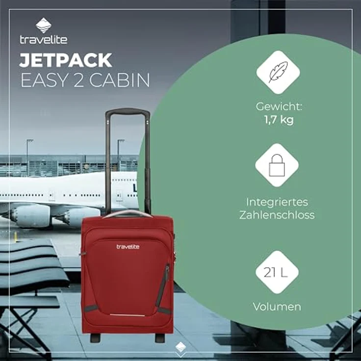 Travelite Jetpack, Handgepäck Koffer 40x30x20 cm, 21 l, 1,7 kg, rot, mit 2 Rollen und integriertem Zahlenschloss, ideal für EasyJet, Vueling + Wizz – Bild 2