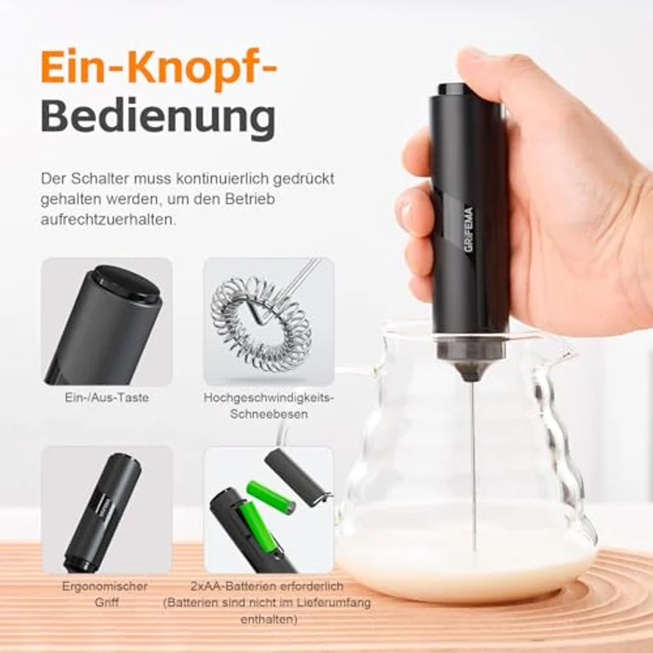 GRIFEMA Milchaufschäumer Elektrisch, Hand Milchaufschäumer mit Edelstahl-Schneebesen, tragbar, batteriebetrieben – Bild 4