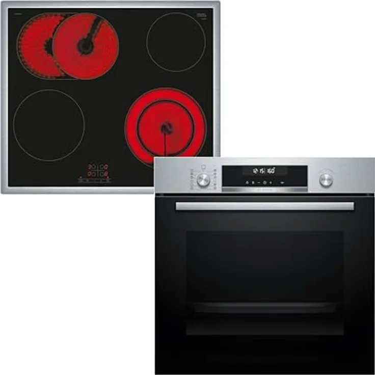 Bosch HBD671CS62, Backofen-Set, Einbau-Backofen 60 cm HBG578BS3 Serie 6, 71 l Garraum, Air Fry, Pyrolyse, Edelstahl & Elektro-Kochfeld 60 cm PKN645BA2E, Touch Bedienung, erweiterbare Kochzone