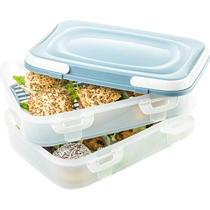 Kuchen Transportbox & Cupcake/Muffin Transportbox - Kuchenbehälter, 2 Etagen Rechteckig Partycontainer mit Hebeeinsatz + Deckel mit Tragegriffen & Clickverschlüssen, 40x30x18cm, Made in EU, Blau – Bild 5